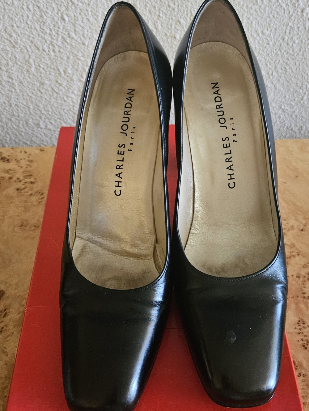 Charles Jourdan Black Leather Square-Toe Pumps